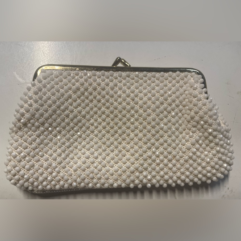 Vintage Ivory Beaded Purse Clutch Bag Gold Clasp & Cream Material Lining NEW